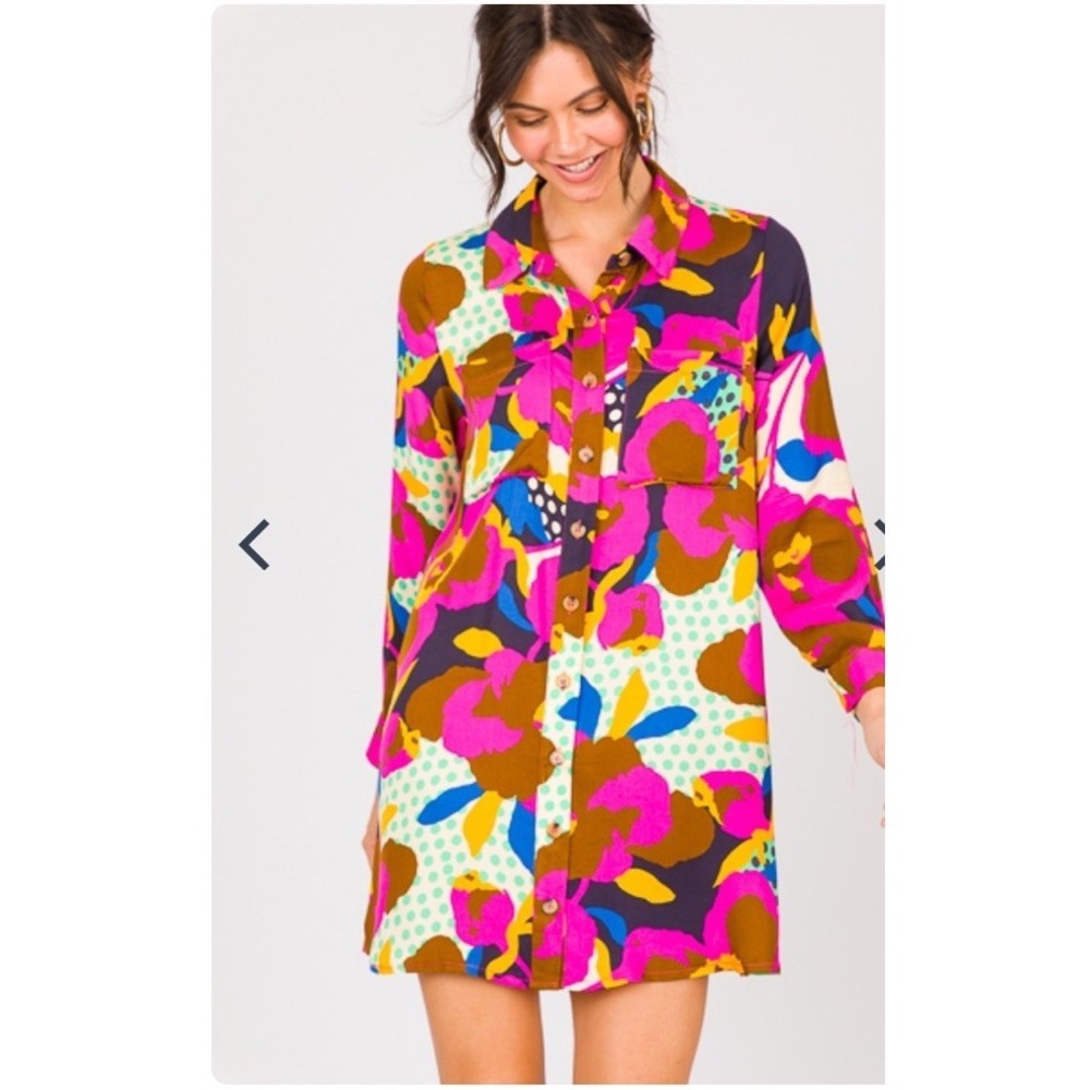 Karlie Colorful Floral Polka Dot Button-Down Vacation Shirt Dress 3/4 Sleeve (M)